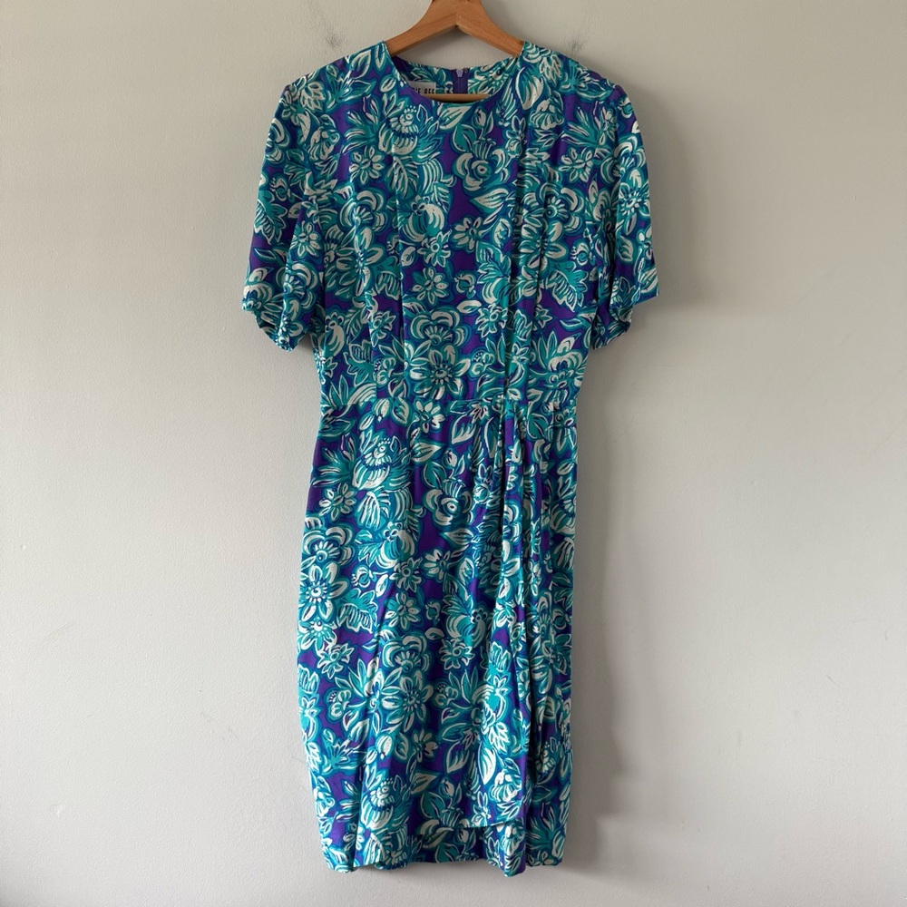 Vintage Robbie Bee Silk Midi Dress Size 8 Short Sleeve Career Whimsy Modest Blue